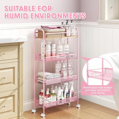 TOOLF 4-Tier Slim Rolling Cart, Metal Storage Cart with Wooden Tabletop and Mesh Baskets for Narrow Space on Kitchen Bathroom Laundry Room Bedroom Apartments Dormitory - size: Slim, style: Pink