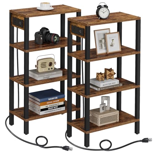 TUTOTAK Narrow Side Table Set of 2, Small End Table with Charging Station | 4-Tier Skinny Sofa Table, Slim Nightstand, Easy Assembly for Living Room, Bedroom, Brown TB01BB0802 - color: Brown, size: 4-tier