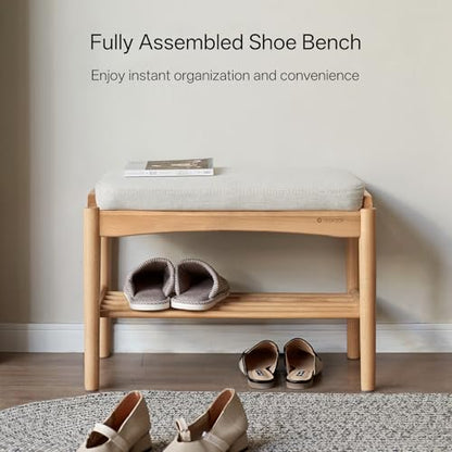 Oak Wood Shoe Bench, 24 Inch Entryway Bench with Light Gray Cushion | Natural oak finish with visible grain and light gray cushion creates a Scandinavian-inspired entryway seat. - color: Natural + Light Gray Cushion, size: 23.62"