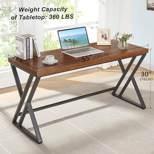 Solid Wood Computer Desk, Modern Real Wood Home Office Desk, Long Rustic Farmhouse Natural Wood Writing Desk, Executive Workstation PC Desk Table for Living Room Bedroom, Brown, 55 inch - size: 55 inch