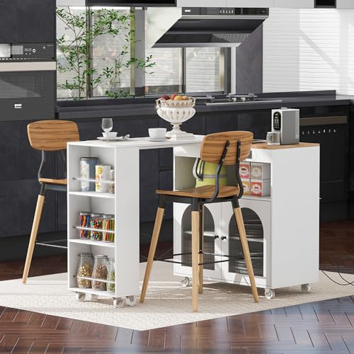 Rolling Kitchen Island with Extendable Swivel Table and Power Outlet, Kitchen Island on Wheels with Storage Cabinet, Fluted Glass Doors and Open Shelves for Small Spaces, White - color: White