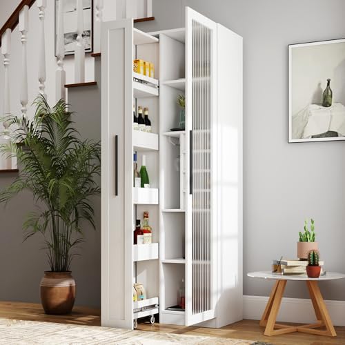 Pull-Out Kitchen Pantry Cabinet with Multi-Tier Shelves, Glass Doors & Spice Rack, Freestanding Wood Hutch Storage Cabinet Next to Refrigerator for Coffee Bar, Dining Room, Narrow Spaces - color: 06 White