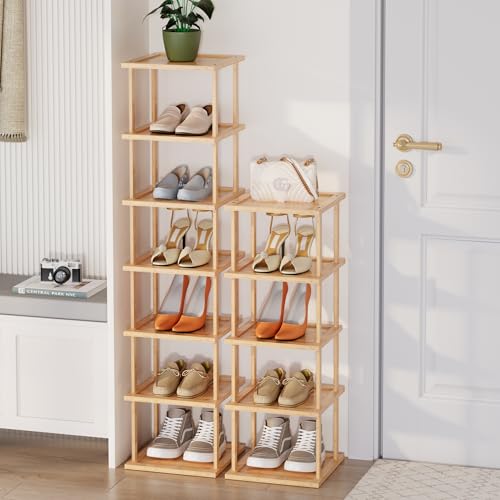 Vertical Tall Shoe Rack Organizer for Entryway -12 Tier Free Standing Slim Narrow Bamboo Wood Corner Stackable Shoe Boots Storage Stand Small Spaces for Closet Garage Cloakroom Living Room (Nature) - color: Nature, size: 12 Tier