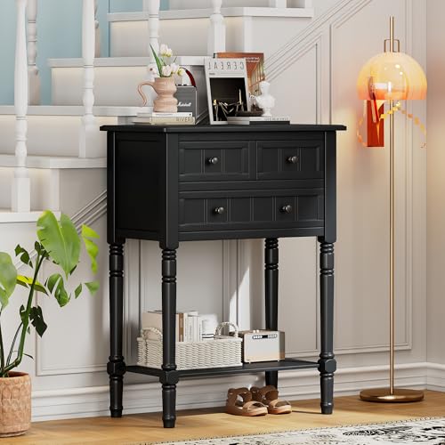 GDFStudio Narrow Console Table - Slim Sofa Tables with 3 Storage Drawers & Bottom Shelf,Solid Wood Frame,Distressed Finish - Accent Table for Living Room,Hallway,Small Spaces,Entryway,23.7" Black - color: Black