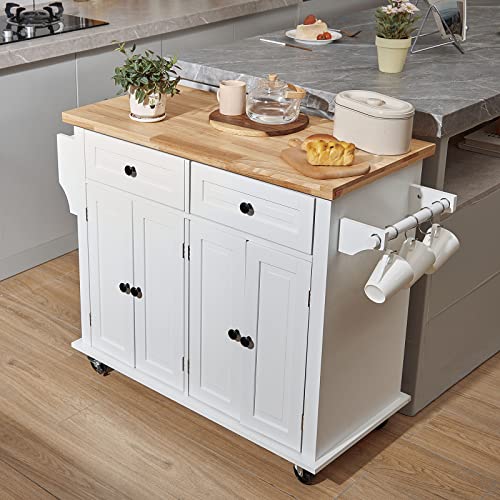 VEVOR Kitchen Island Cart with Solid Wood Top, 35.4" Width Mobile Carts with Storage Cabinet, Rolling Kitchen Table with Spice Rack, Towel Rack, and Drawer, Portable Islands on Wheels, White | Rolling Kitchen Table with Storage Cabinet, Spice Rack, Towel