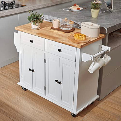 VEVOR Kitchen Island Cart with Solid Wood Top, 35.4" Width Mobile Carts with Storage Cabinet, Rolling Kitchen Table with Spice Rack, Towel Rack, and Drawer, Portable Islands on Wheels, White | Rolling Kitchen Table with Storage Cabinet, Spice Rack, Towel