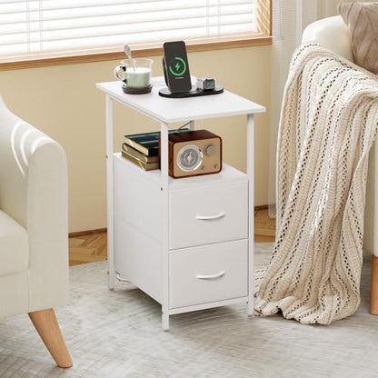 Somdot End Table with Charging Station, Narrow Side Table with 2 Fabric Drawers, Skinny Nightstand with Storage, Small Slim Bedside Table for Living Room, Sofa, Bedroom, Couch, White Leather - color: White Leather