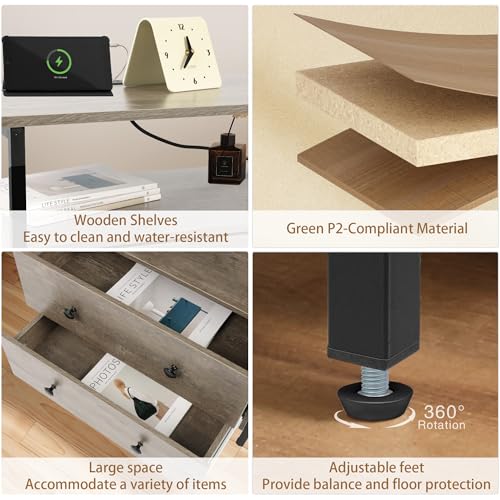 Edbuosy 27 inch Wide Night Stand with Charging Station, Bedside Table with Open Shelf, 2 Drawers Small Wood Dresser, Modern Wood Nightstand for Bedroom/Living Room, Rustic Gray - color: Rustic Gray, size: 27"W-2 Drawers