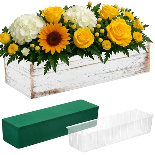 Dandat 1 Set Wood Boxes for Centerpieces 12x4 Inch Rectangle Wooden Planter Box Rustic Wooden Planters with Removable Plastic Liner Floral Foam Blocks for Christmas Wedding Home Garden Decor(White) - color: White, size: 12 X 4 Inch