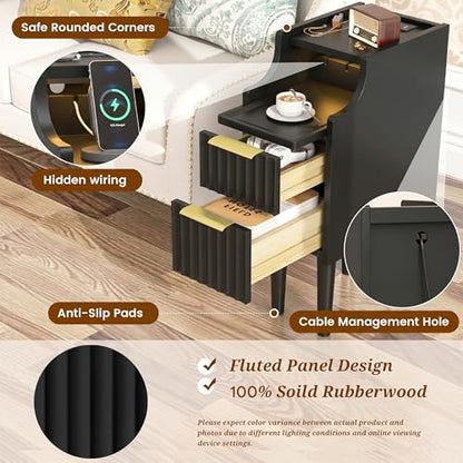 Fluted Narrow Nightstand with Charging Station, Solid Wood Night Stand with 2 Drawers, Black Mid Century Modern Led Nightstand, Small Beside Table with Open Storage Shelf for Bedroom （10 inch） - color: Black