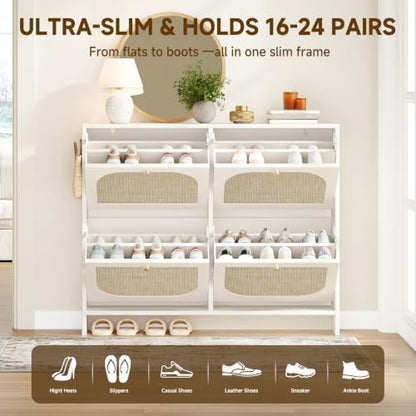 Freestanding Ultra Slim Arched Rattan Accent Shoe Storage Cabinet for Entryway - 4 Flip Drawers & 3-Tier Adjustable Shelves, Farmhouse Modern Rustic Shoe Rack for Hallway Foyer,Cloud White - color: Cloud White