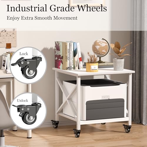 Printer Stand, 23.6 x 23.6 Inches Large Printer Stand with Storage Shelf, 2 Tier Printer Table for Home Office, Rolling Printer Cart with Industrial Wheels, Mini Fridge Stand Table, White - color: White