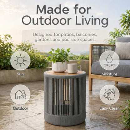 IRONORA Grey Hand-Woven PE Rattan Round Patio Side Table, Solid Acacia Wood Top Hollow Drum Accent End Table, Weather Resistant Coastal Side Table for Backyard Balcony Sunroom Living Room - color: 15-inches Gery