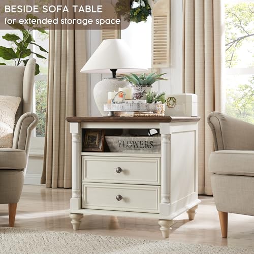 T4TREAM 24" Farmhouse Nightstands with 2 Drawers, Antique White | 4 Solid Wood Feet, Charging Station, Tall Rustic Wood Square, Sofa Side Table, Living Room, Bedroom - color: Antique White