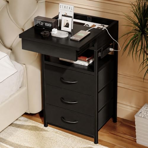 Lazzanto Nightstand with Lockable Hidden Compartment, Black | Sliding Top Storage, 3 Fabric Drawers, Charging Station, 2 AC Outlets & 1 USB-A & 1 USB-C Port, Dorm, Bedroom, Living Room - color: Black, size: 3 Drawers