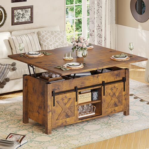 SEDETA Farmhouse Lift Top Coffee Table with Storage and Hidden Compartment | 4 in 1 Multi-Function Convertible Coffee Tables Converts to Dining Table for Small Living Room, Rustic Brown - color: Rustic Brown, size: 39.3"D x 39.3"W