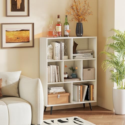 Tangkula 7-Cube Bookcase, Modern Storage Bookshelf with 4 Tapered Metal Legs & 2 Anti-Tip Kit, Freestanding Display Rack for Living Room, Study Room (White, 7-Cube) - size: Standard 7-Cube