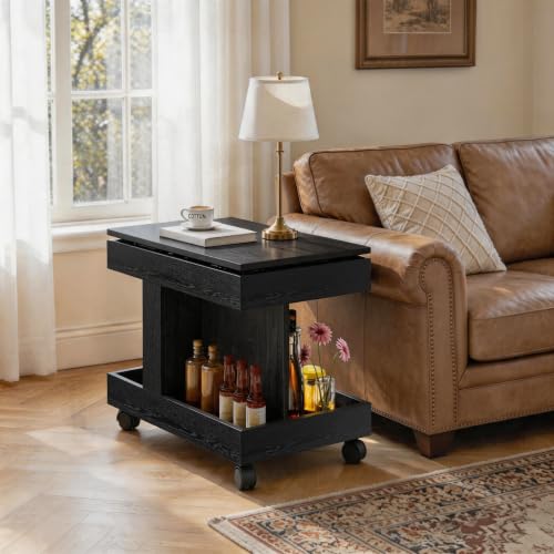 Multifunctional End Table with Wheels and 360° Rotating Desktop | Rolling Design, Storage Compartment, Sofa Side Narrow Table, Bedside Use, Living Room & Bedroom - color: Black-7.15