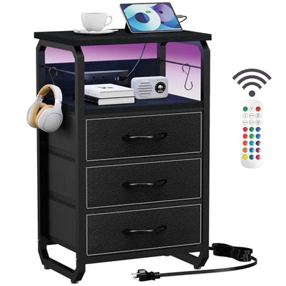 runjuly Bedside Table with 3 Fabric Drawers, LED Nightstand with Hooks, Metal Night Stand, Small End Table with Charging Station and Storage, Night Table for Bedroom, Modern Black - color: Black, style: 3 Drawers
