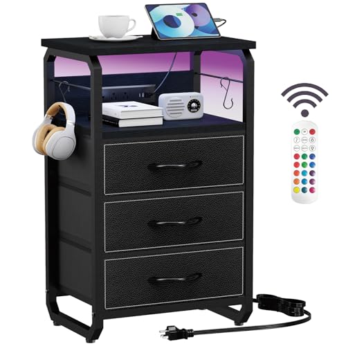 runjuly Bedside Table with 3 Fabric Drawers, LED Nightstand with Hooks, Metal Night Stand, Small End Table with Charging Station and Storage, Night Table for Bedroom, Modern Black - color: Black, style: 3 Drawers