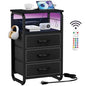 runjuly Bedside Table with 3 Fabric Drawers, LED Nightstand with Hooks, Metal Night Stand, Small End Table with Charging Station and Storage, Night Table for Bedroom, Modern Black - color: Black, style: 3 Drawers