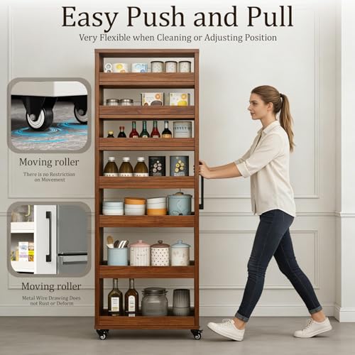 Rolling Spice Rack Next to Side of Fridge Storage Slim Narrow Shelf Lightweight 7 Tier Wooden Storage Cart for Kitchen, Dining Room, Bathroom, Small Spaces (Teak, 72.4" H x 9.8" W x 21.6" D) - color: Teak