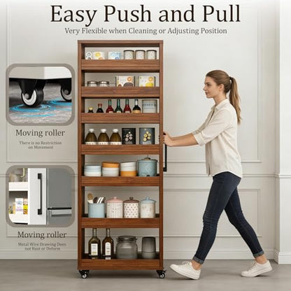 Rolling Spice Rack Next to Side of Fridge Storage Slim Narrow Shelf Lightweight 7 Tier Wooden Storage Cart for Kitchen, Dining Room, Bathroom, Small Spaces (Teak, 72.4" H x 9.8" W x 21.6" D) - color: Teak