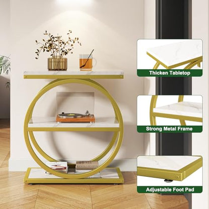 IBUYKE Narrow End Table with 3 Storage Shelves, Industrial Sofa Side Table, Double Round Metal Frames, Slim Nightstand and Bedside Table for Bedroom, Living Room, White with Gold UTMJ418G - color: White With Gold