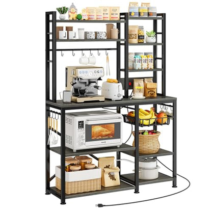 SNTD 6-Tier Bakers Rack with Power Outlets, 36 x 14.6 x 72 in, Rustic Grey | Large Capacity for Small Appliances, Stable Metal Frame with Wood Shelves, Pull-Out Basket, 14 Hooks - color: Rustic Grey