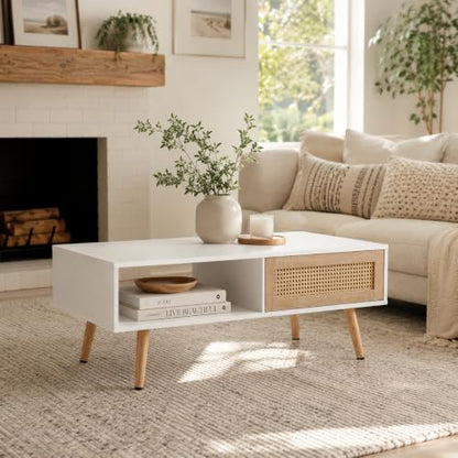 Meihua Rattan Coffee Table with Sliding Door Storage, Mid Century Modern Center Table with Open Shelf and Hidden Compartment, Natural Wood Coffee Table with Solid Wood Legs for Living Room, Apartment - color: White