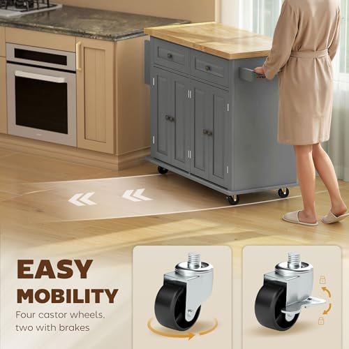 HOMCOM Kitchen Island Cart with Rubber Wood Top, Rolling Kitchen Island Table on Wheels with Drawers, Adjustable Shelves, Spice Rack and Towel Rack for Dining Room, Gray - color: Grey