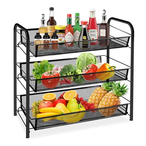 CVHOMEDECO. 3 Tier Fruit Basket Large Capacity Rectangular Metal Fruit Bowl Detachable Metal Fruit Stands Organizer for Kitchen Counter, Bread, Vegetable, Snack and Fruits. Black