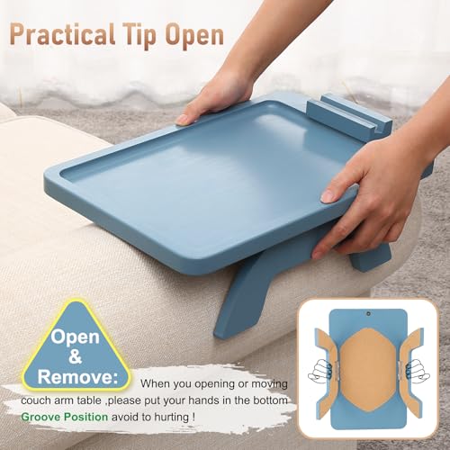 SINWANT Couch Arm Tray, Bamboo Sofa Clip on Tray Tables with 360° Phone Holder,Folding Anti Slip Couch Armrest Table for Snacks,Drinks,Remotes 15.35"x9.85" - color: Blue