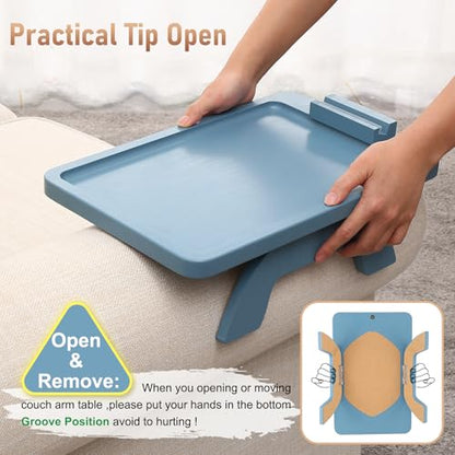 SINWANT Couch Arm Tray, Bamboo Sofa Clip on Tray Tables with 360° Phone Holder,Folding Anti Slip Couch Armrest Table for Snacks,Drinks,Remotes 15.35"x9.85" - color: Blue