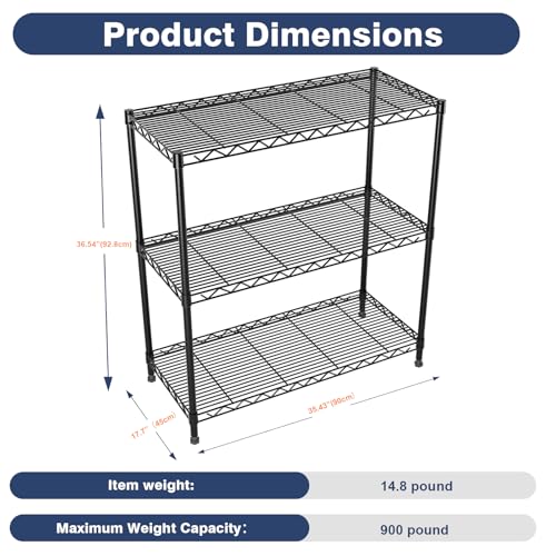 3 Tier Wire Shelf,Black Adjustable Metal Storage with Wheels | Heavy Load Capacity 900 lbs,Height Adjustable Design,35.4"Wx17.7Dx36.5H,Lockable 360°Wheels,Large Storage Space - color: 3-tier Black-35.4"x17.7" X36.5"(wxdxh)