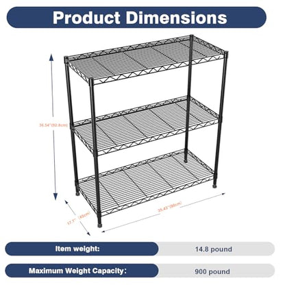 3 Tier Wire Shelf,Black Adjustable Metal Storage with Wheels | Heavy Load Capacity 900 lbs,Height Adjustable Design,35.4"Wx17.7Dx36.5H,Lockable 360°Wheels,Large Storage Space - color: 3-tier Black-35.4"x17.7" X36.5"(wxdxh)
