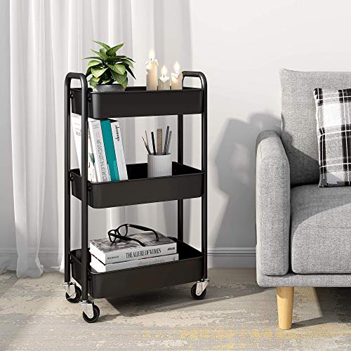 3-Tier Rolling Metal Storage Organizer - Mobile Utility Cart, Kitchen Cart with Caster Wheels (Black) - color: Black