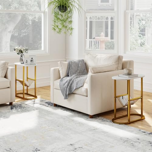 Tangkula Oval Narrow Side Table, 2-Tier End Table with Mesh Magazine Rack, Steel Frame, Industrial Nightstand, Compact Sofa Bedside Table for Living Room Bedroom, White & Gold - color: White & Gold