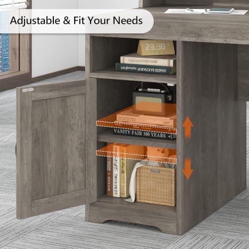 65" Farmhouse Computer Desk with Drawers and Printer Stand for Home Office | Office Desk with Power Outlets and Storage Cabinet, Study Writing Desks with Long Monitor Stand, Grey - color: Grey