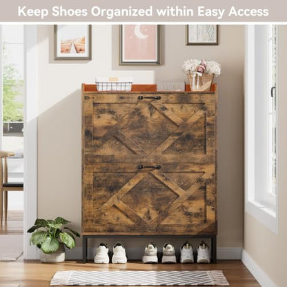 Nicetree Shoe Storage Cabinet with 2 Flip Drawers, Freestanding Wood Shoe Organizer with Metal Legs, Farmhouse Slim Shoe Rack for Entryway, Foyer, Hallway, Rustic Brown - color: Rustic Brown