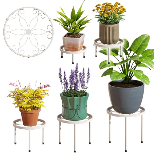 Plant Stand Indoor Outdoor 5 Pack Heavy Duty Metal Stand Multiple Plants, Anti-Rust Iron Flower Pot Stand Decoration Racks Plant Pot Shelf for Living Room Garden Balcony (White) - color: White