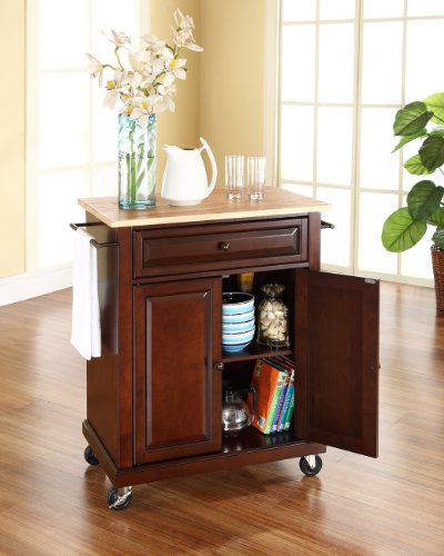 Crosley Furniture Compact Wood Top Small Rolling Cart with Shelves, Microwave Stand with Towel Rack, Mahogany - color: Mahogany, style: Natural Wood Top