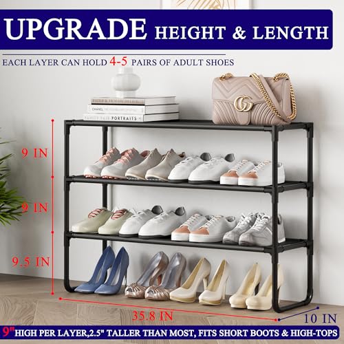 Long Shoe Rack, 3-Tier Stackable Shoe Organizer for Closet, Entryway, Hallway, Extra Bottom Layer, Holds 16-20 Pairs, Sturdy & Durable Waterproof Fabric Shelf, Space-Saving,Black(35.8" Wide) - size: 3-Black-35.8"