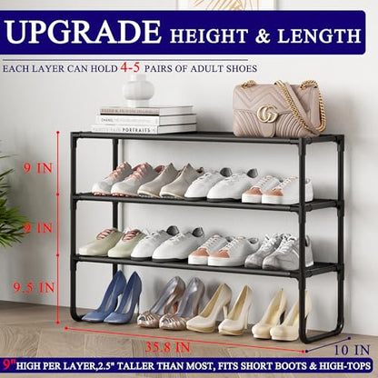 Long Shoe Rack, 3-Tier Stackable Shoe Organizer for Closet, Entryway, Hallway, Extra Bottom Layer, Holds 16-20 Pairs, Sturdy & Durable Waterproof Fabric Shelf, Space-Saving,Black(35.8" Wide) - size: 3-Black-35.8"