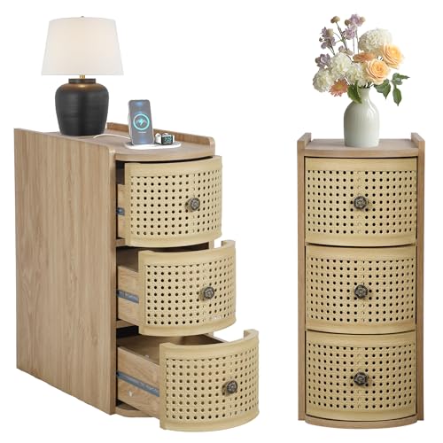 Narrow End Table Set of 2, Metal Rattan Side Table with Storage, Narrow Charging Nightstand with 3 Drawer for Bedroom Bedside, Living Room Couch Sofa, Desk Side Table for Small Spaces - Natural - size: Drawer Natural-set