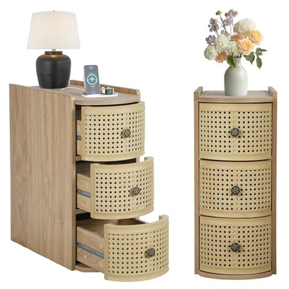 Narrow End Table Set of 2, Metal Rattan Side Table with Storage, Narrow Charging Nightstand with 3 Drawer for Bedroom Bedside, Living Room Couch Sofa, Desk Side Table for Small Spaces - Natural - size: Drawer Natural-set
