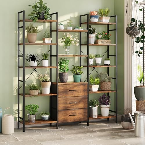 AFLUI Triple Bookshelf with 3 Fabric Drawers, 5-Tier Book Shelf and 10 Display Shelves, Industrial Large Bookcase for Home & Office, Rustic Brown, 47'' Wide - color: Rustic Brown, size: 5 Tier(47" W)