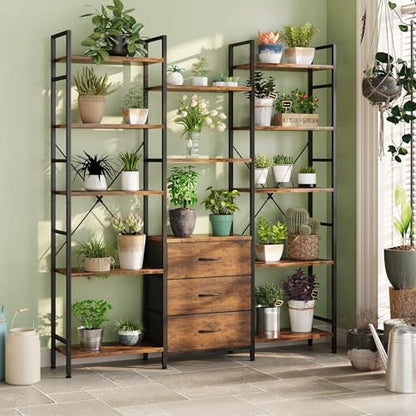 AFLUI Triple Bookshelf with 3 Fabric Drawers, 5-Tier Book Shelf and 10 Display Shelves, Industrial Large Bookcase for Home & Office, Rustic Brown, 47'' Wide - color: Rustic Brown, size: 5 Tier(47" W)