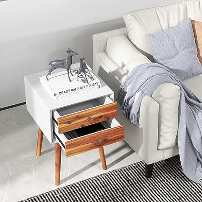 GOFLAME Nightstand with 2 Drawers, Small Wooden Side Table, Mid Century Modern Bedside Table with Storage, Compact End Table for Bedroom, Easy Assembly, White & Natural - color: White & Natural