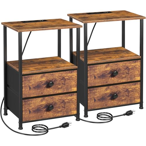LOAKEKEL Night Stand, Nightstands Set of 2 with Charging Station | Bedside Table with 2 Fabric Drawers for Bedroom, End Tables with Storage Shelf for Small Spaces, Rustic Brown - color: Rustic Brown, style: Power